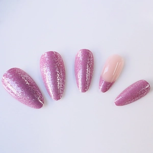 Sparkling purple glitter almond fake nails with French floral line design set