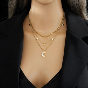 Three-layer titanium steel necklace with star pendants and a crescent moon charm