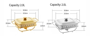 Detaillierte Maße von gold- und silbern hitzebeständigen 2.0L Glas-Buffetwärmern mit Deckeln