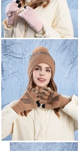 Detailed knit texture and touch screen fingertips of winter beanie and gloves set