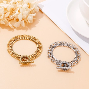 Double-layered stainless steel skull OT buckle chain bracelet in gold and silver finish
