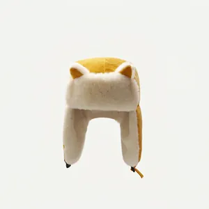Winter plush trapper hat in yellow with cute fox ears and warm faux fur lining