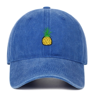 Close-up of embroidered pineapple on a washed blue cotton canvas baseball cap