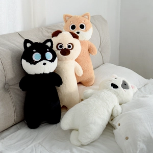 Close-up of four long cartoon dog plush pillow covers in different animal patterns