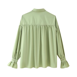 Pale green long sleeve lapel shirt with elegant back pleats and flare cuffs design