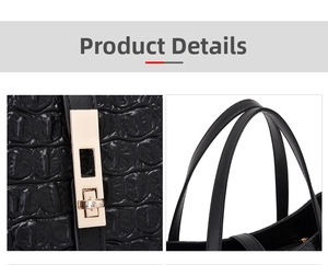 Detailed close-up of the black crocodile pattern texture and gold buckle on the handbag