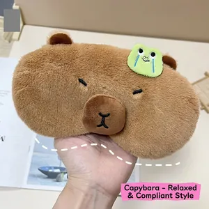 Cute brown plush capybara sleep eye mask with green frog embroidery for sleeping comfort