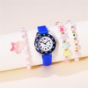 Pink silicone quartz watch set with colorful numeric dial and three beaded bracelets