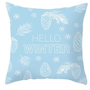 Detail of blue pillow cover featuring Hello Winter text with pine cone and snowflake patterns
