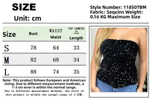 Size chart for leopard sequin crop top showing bust and waist measurements in cm