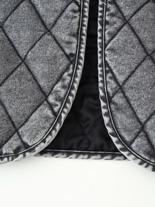 Short quilted denim jacket for women featuring vintage wash and diamond pattern texture