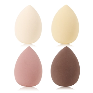 Set of four teardrop makeup sponges in neutral tones for wet and dry cosmetic application