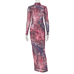 Detail of high neck long sleeve mesh dress with abstract red and blue watercolor print