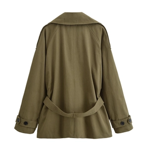 Army green cropped trench coat for women with large lapel and waist belt, back view