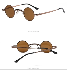 Steampunk round sunglasses shown in 90 and 180 degree views with bronze frames