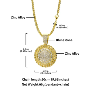 Men hip hop gold plated zinc alloy round pendant necklace with shining rhinestones