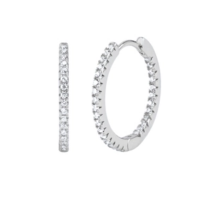 Elegant silver hoop earrings with pavé white zircon stones on a white background