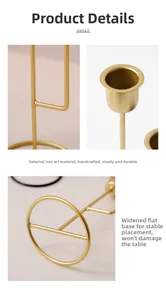 Detail view of the stable base and matte gold finish on the iron candle holder