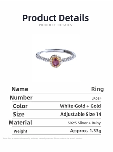 Detail of S925 silver ring with oval ruby and diamond accents in two-tone gold finish