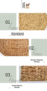 Detailed macro view of handcrafted round water hyacinth placemat with woven texture