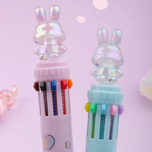 Close-up of 10-in-1 multicolor ballpoint pens with cute 3D laser bunny toppers
