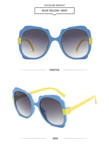 Detail of blue and yellow butterfly frame sunglasses with grey gradient lenses in two views