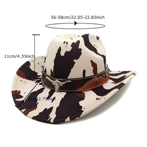 Western cow print wool fedora with cattle head buckle and leather band for sun protection