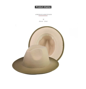 Detail showing the khaki to olive green gradient wool fedora hats with a wide brim