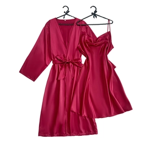 Women's burgundy silk-like satin pajama set with long robe and slip dress