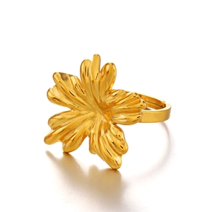 Elegant 18K gold plated stainless steel floral ring with adjustable open band for women