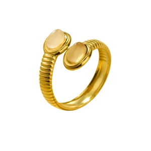 Golden titanium steel snake ring with oval beige natural stones and textured finish