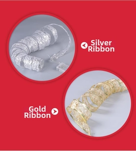 Detail view of silver and gold LED ribbon lights with integrated battery compartment