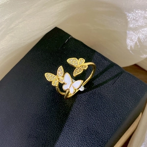 Triple Butterfly Open Ring Gold Plated Copper With White Enamel And Zircon Inlaid Elegant Adjustable Jewelry For Women