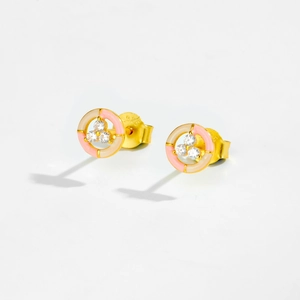 Close-up of 925 sterling silver gold stud earrings with pink enamel and clear zircon