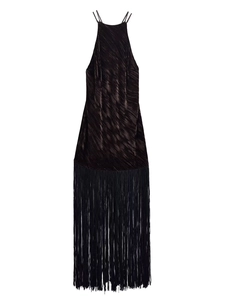 Detailed view of luxury velvet halter neck dress with high-density fringe hem and texture