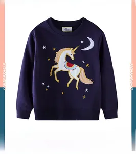 Detail of navy blue kids sweatshirt featuring unicorn embroidery and stars on chest