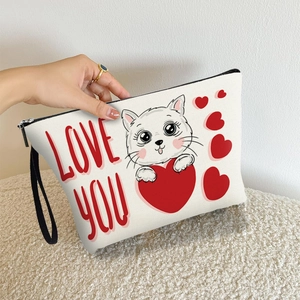 Portable white cat and heart print cosmetic bag with zipper and wrist strap handle