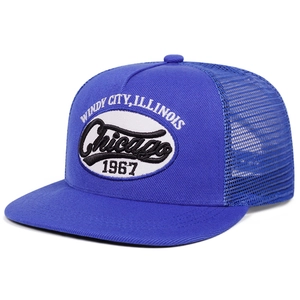 Detail shot of navy trucker hat with Windy City Chicago 1967 embroidery and mesh panels