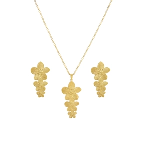 Detail of gold floral necklace and earrings set with textured metallic petals