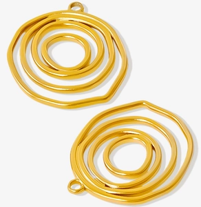 Detailed view of two gold irregular concentric circle pendants in polished 304 stainless steel