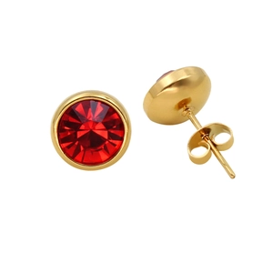 Elegant round red crystal stud earrings with gold plating and faceted stone finish