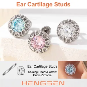 Titanium Steel Zircon Helix Stud Earrings Round Cubic Zirconia Double Head Screw Back Anti Allergy Sparkling Cartilage Jewelry