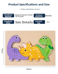 Detailed 3D wooden dinosaur family puzzle with dimensions and 3Y+ age safety specs