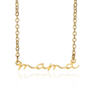 Macro shot of gold Mama script pendant on O-chain necklace with clear reflection