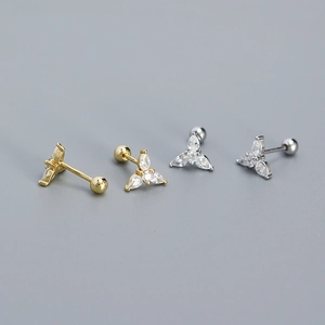 S925 silver piercing earrings with marquise-cut zircon flower studs in gold and silver