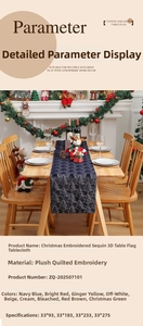Detailed embroidery and sequins of a navy blue Christmas table runner with gold tree