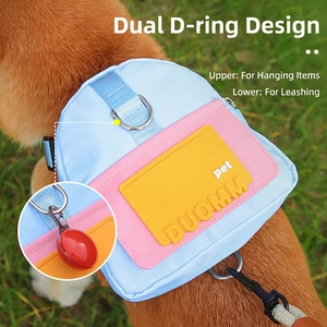 Dog backpack harness featuring a colorful patchwork design and functional dual D-rings
