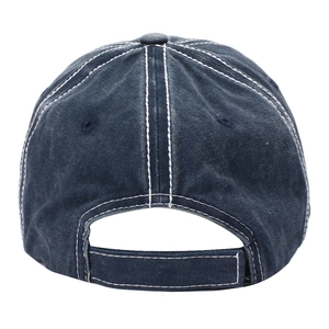 Distressed navy blue USA flag baseball cap with adjustable strap on white background