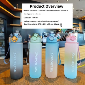 Detail of 1000ml frosted sport bottles with gradient colors, tea filters and handle straps