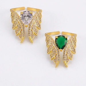 Angel Wings Ring Gold Plated Copper Cubic Zirconia Inlaid Waterdrop Pear Cut Adjustable Open Jewelry For Women